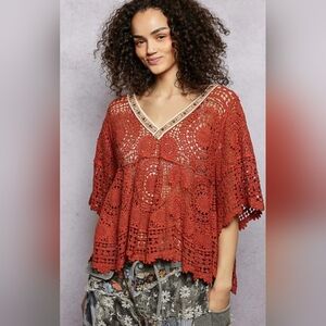 #1158 POL Rusted Rose Crochet Boho Top